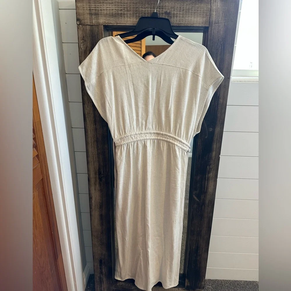 Bohme 100% Linen Boho Midi Dress Neutral Cottagecore Summer Size S - Picture 3 of 5